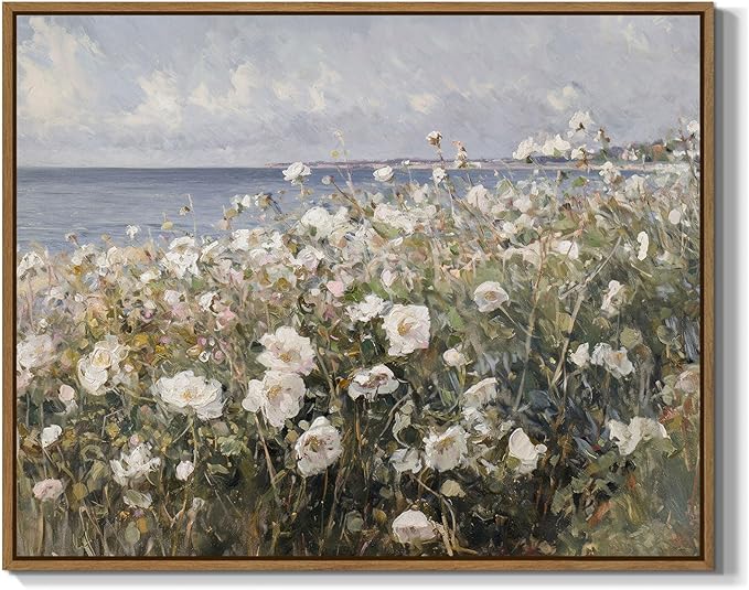 Framed Landscape Wall Art Blue Ocean Theme White Flower Pictures Wall Decor Abstract Floral Painting Prints Modern Seascape Artwork for Living Room Bedroom Bathroom Home Office Decoration, 8x10 Inch