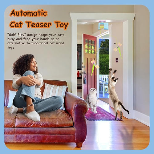 Automatic Hanging Cat Toy for Indoor Cats, Electric Doorway Cat Teaser with Motion Sensor, Quiet Motor & Retractable Rope, Includes 3 Replaceable Feather Attachments, USB Rechargeable, Blue