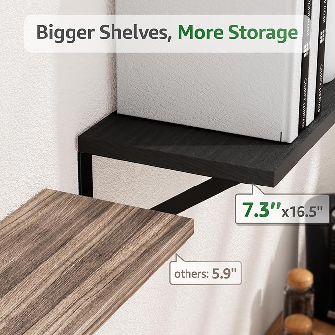 COCOYA Wall Shelves 7.3" Deep Set of 2, Solid Paulownia Wood Wider Longer Sturdy Easy to Install Wall Mounted Bookshelves Storage Shelves Bathroom Home Office Laundry Room Bedroom Organizer Black