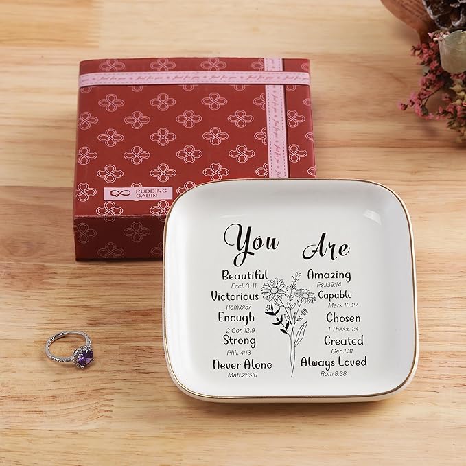 PUDDING CABIN Christian Gifts for Women - Inspirational Religious Gifts for Women, Catholic Gift, Spiritual Gift, Christian Bible Verse Jewelry Dish for Women Mothers Day Christmas