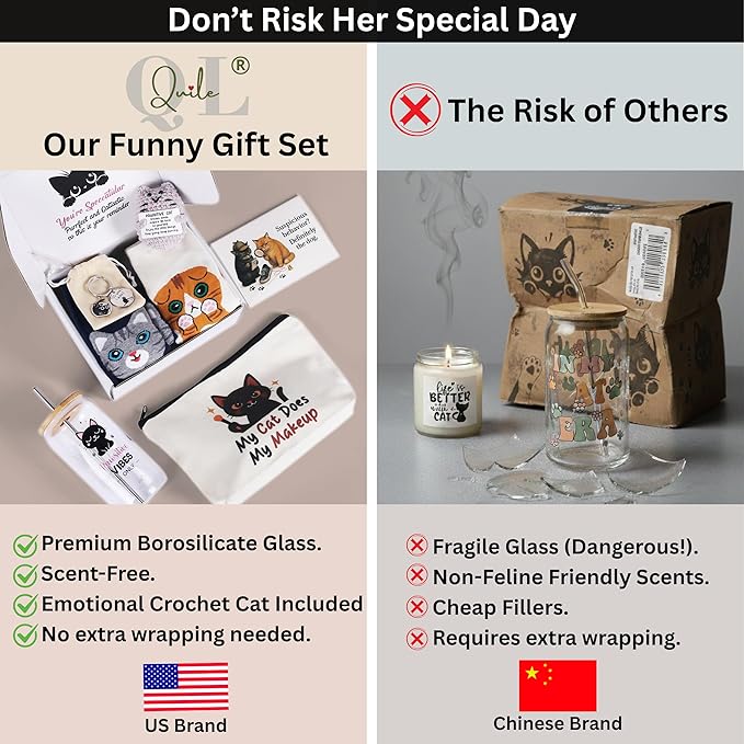 Funny Cat Lovers Gifts for Women, Cat Mom Mothers Day Gifts Box, Premium Cats Themed Gifts Set for Women with Borosilicate Glass Cup Crochet Doll & Socks, Crazy Cats Lady Gift Basket for Birthday