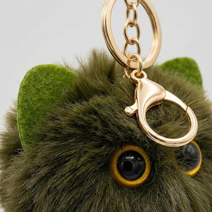 Cute Green Cat Plush Keychain - Kawaii Military Green Cat Pom Pom Bag Charm, Edgy Keychain for Backpack Purse, Gift for Women Men