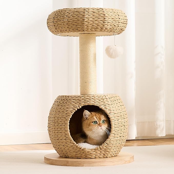 30" Modern Cat Tree Tower for Indoor Cats, Aesthetic Rattan Cat Furniture with Handwoven Wicker Cat Bed Cave, Ultra-Soft & Washable Cushions, Natural Sisal Scratching Post and Solid Wood Base
