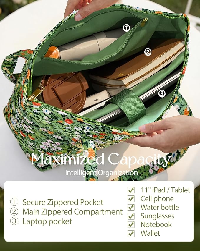 Miss Adola Quilted Tote Bag with Zipper - Laptop Tote Bag for Women, Large Capacity with Pockets for Work Teacher Travel
