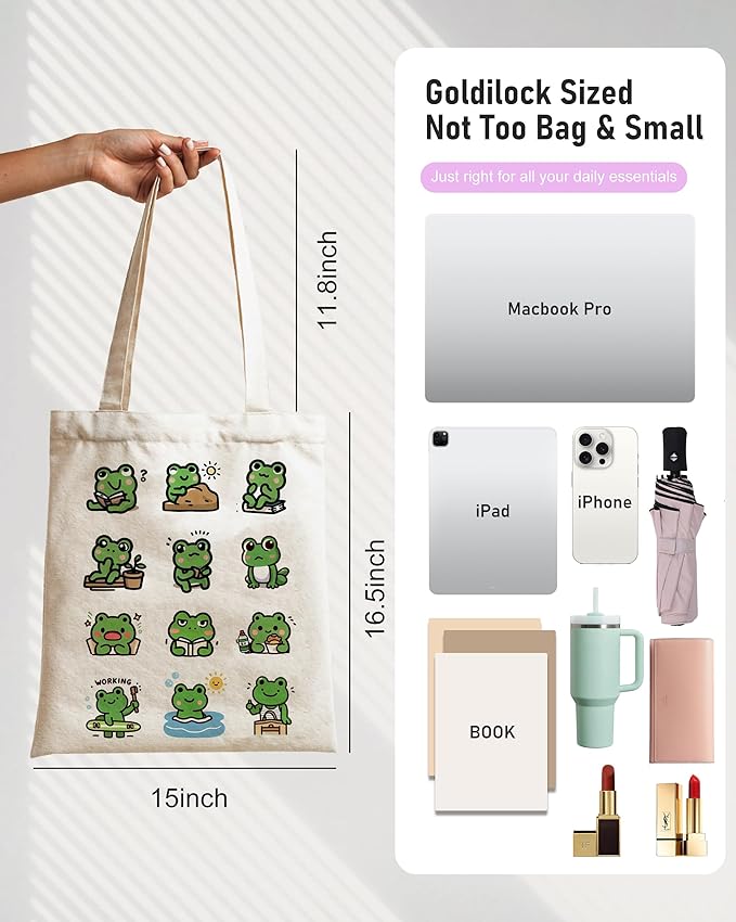 DYALE Canvas Tote Bag Double-Sided Prints with Snap Closure, Cute Tote Bag with Pocket for Shopping, Library, Work, Travel