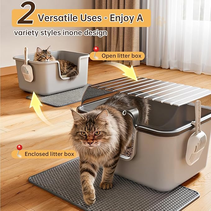 Oneluck XXXL Cat Litter Box with Lid,Extra Large Cat Litter Box for Big & Multiple Cats, Removable Transparent Cover, Anti-Urine Leakage | High Sided & Includes Litter Mat & Scoop