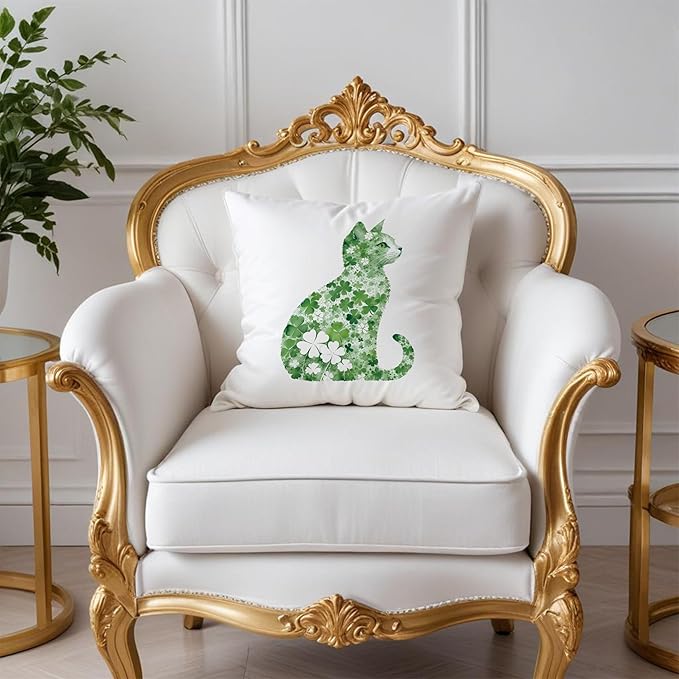 St Patrick's Day Cat Pillow Covers, 18x18, Four Leaf Clover, Lucky Shamrock, St Patrick's Day Decorations for Sofa, Bed, Living Room