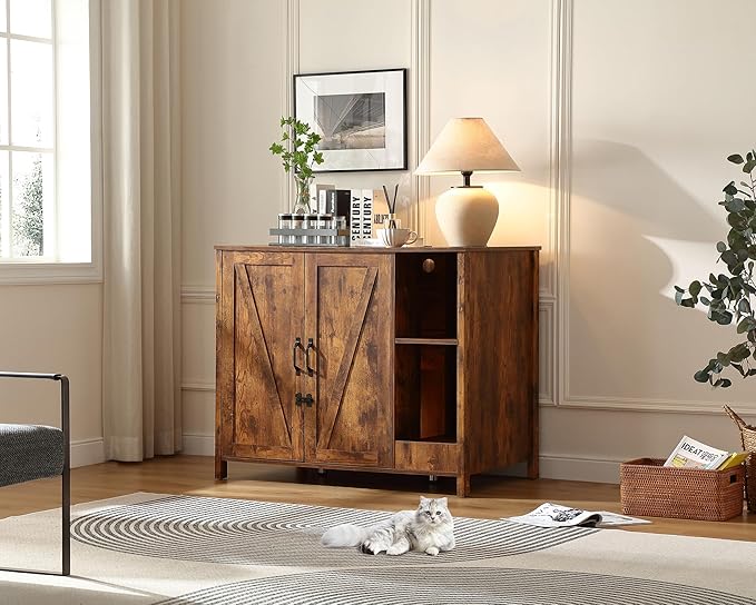 Large Cat Litter Box Enclosure with Litter Collector,Cat Litter Enclosure for Self-Cleaning Litter Boxes,Adjustable Shelf for Dog Proof,Outlet,Wooden Cat Washroom Cabinet,Brown Rustic