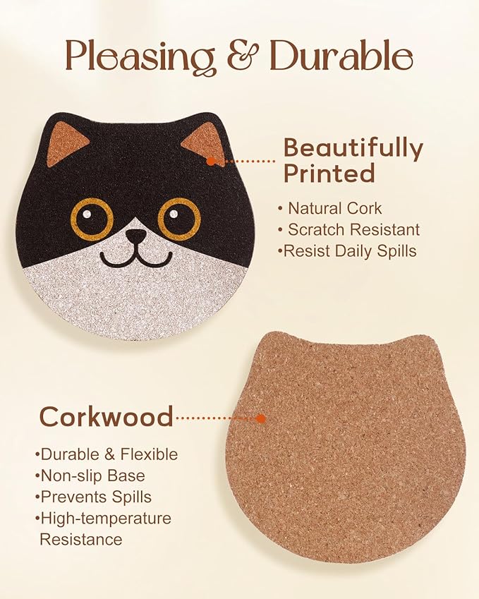 Oqplog Cat Drink Coasters for Cat Lovers Gifts Desk Coffee Table Set of 6-Funny Cork Cup Holder Coaster for Office Home Office Cute Decor Accessories for Women Family