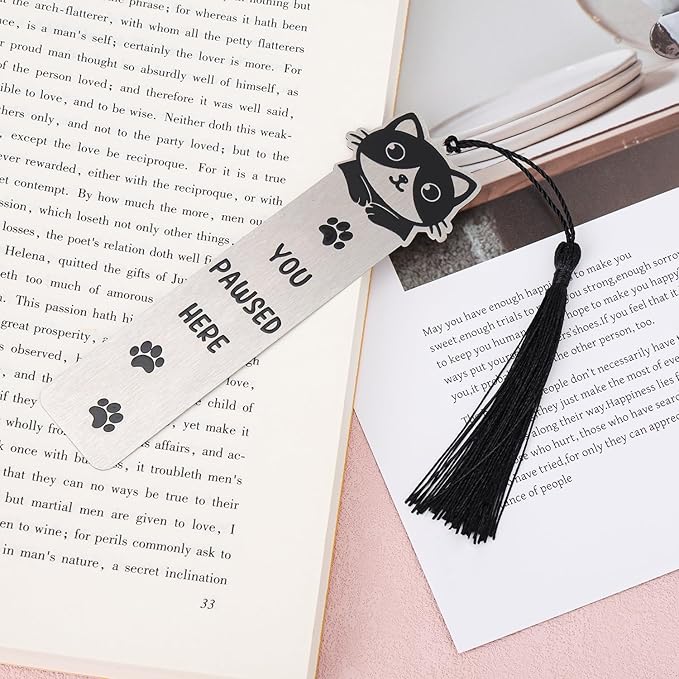 Cute Cat Bookmark, Zinc Alloy Kitten Paw Print Bookmarks Reading Gifts for Cat Lovers Funny Black Kitten Book Marks Animal Bookmark Gifts Book Accessories for Reading (Style A)