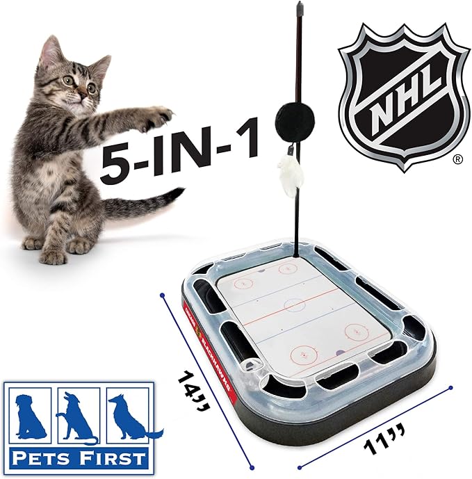 Pets First 5-in-1 NHL Chicago Blackhawks Hockey Field Cat Scratcher Toy with Interactive Cat Ball Bell in Tracks