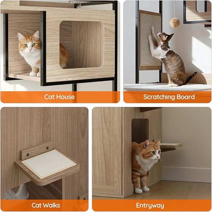 HOOBRO Cat Automatic Litter Box Enclosure Furniture, 30.5" L x 26.8" W x 61" H, Hidden Robotic Litter Box Cabinet, Dog-Proof Shelf with Charging Station, Scratching Mat, Bowls, Natural NL68UMZ03