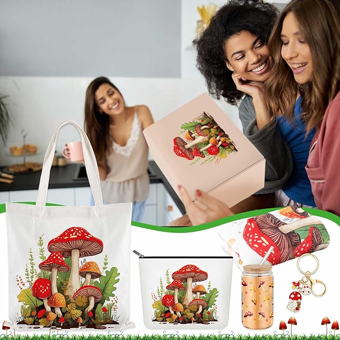 Paterr 6 Pcs Mushroom Themed Gifts for Women Christmas Canvas Tote Bag Makeup Bag Print Blanket Socks 16oz Glass Coffee Cup with Straw Cute Keychain for Christmas Birthday Girls Daughters Sister
