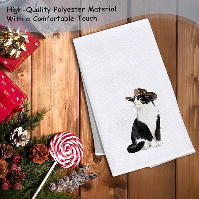 Funny Cowboy Tuxedo Cat Kitchen Towels, Tuxedo Cat Gifts Dish Tea Towels for Kitchen, Western Black and White Kitten Kitty Decorative Hand Towels for Bathroom Restroom Washroom, 16x24 Inch