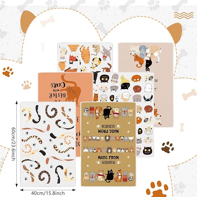 FuWeave 6 Pcs Cat Kitchen Dish Towels Cat Lover Gifts for Women Farm Animal Dishcloth 16 x 24 Inches Farmhouse Tea Hand Towel Decorative for Bathroom Kitchen Housewarming Gifts