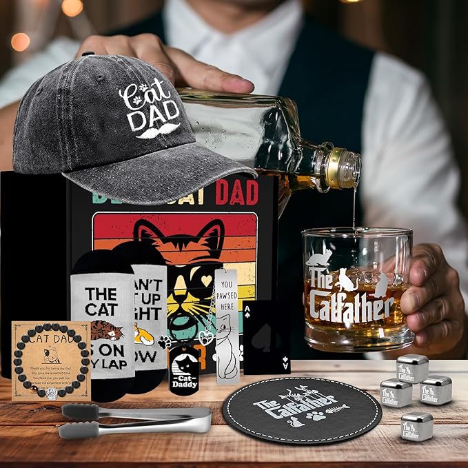JTAMOHI 15 Pieces Cat Dad Gifts for Men, Cat Lover Gifts for Men with 11 Oz Whiskey Glass Cup 4 Whisky Ice Cubes Coaster Hat Socks Bracelet Keychain Bookmark, Father’s Day, Birthday, Christmas Gift