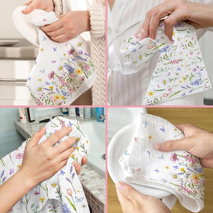 Hexagram Floral Kitchen Towels Set of 2, Floral Decor Gifts for Women, Funny Cute Housewarming Dish Hand Towels for Home Kitchen Decor