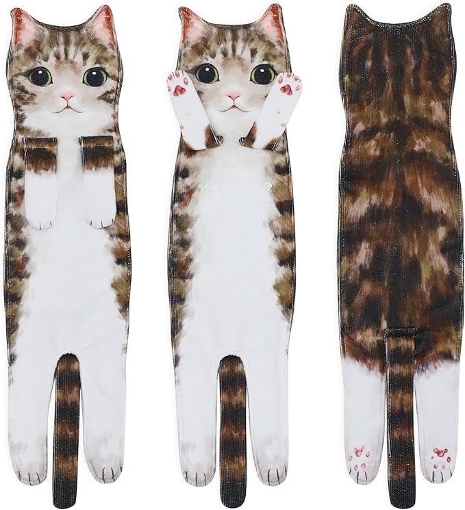 Funny Hand Towels for Bathroom Kitchen Decor - Cute Cat Hanging Hand Towel Kitchen Gadgets - Unique Housewarming Birthday Christmas Cat Lover Gift Ideas for Women Mom Lady Adults