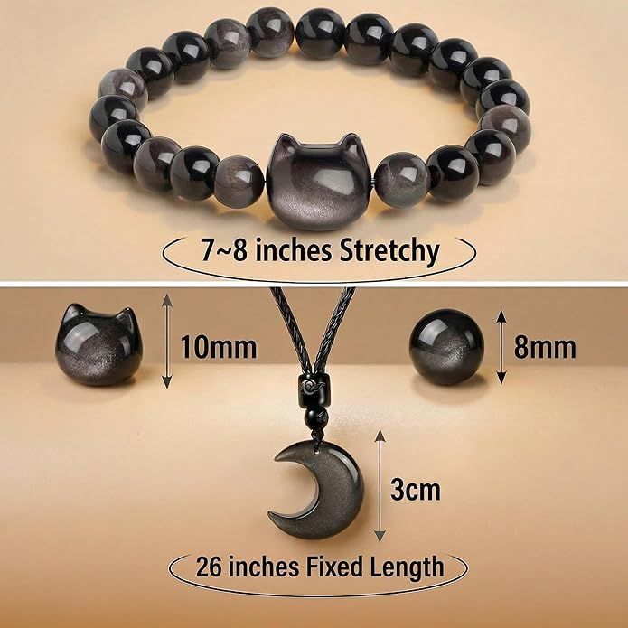 Black Obsidian Cat Bracelet and Moon Pendant Necklace Jewelry Set-Cat Lover Gifts,Wealth Attraction,Good Luck,Bead Bracelet,Mindfulness,Beaded Bracelets, Obsidian Pendant Necklace-Cute Gifts for Women
