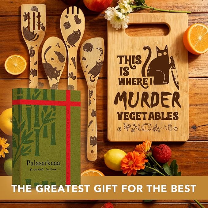 6 Pcs Cute Cat Lovers Kitchen Gifts Set for Cat Moms Dads, Funny Cutting Boards with Spoons & Sponge, Christmas Birthday Thanksgiving Housewarming Gifts for Women