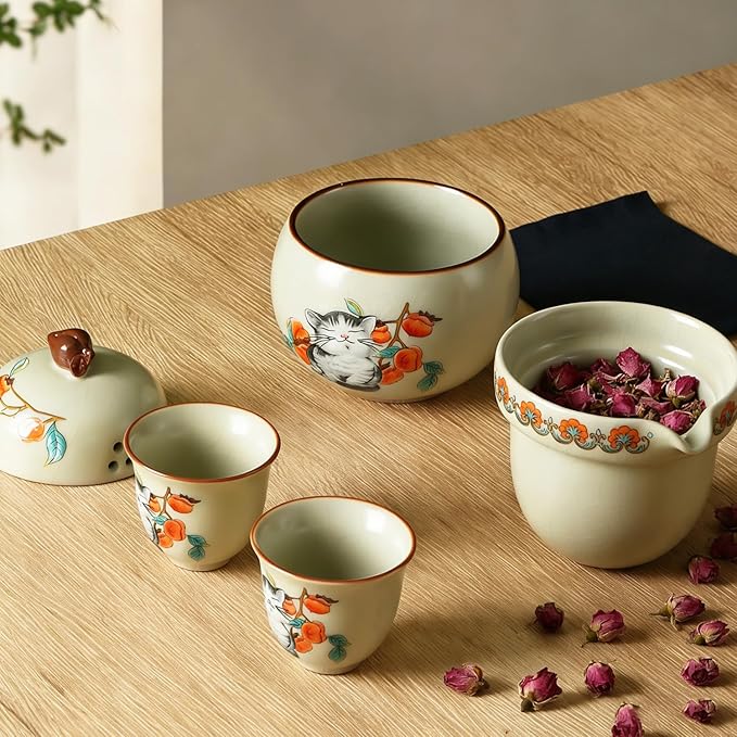 Mini Tea Cups,Cute Lucky Cat Cups,Small Tea Mugs,Porcelain Gongfu Tea set with 3 in 1,Tea Sets for Adults,Ceramic Tea Infuser Cup for Loose Leaf for Women/Tea Lovers/Birthday/Mother's Day (Green)