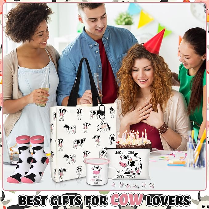 Cow Lover Gifts for Women Birthday Gifts Baskets Set Include Canvas Tote Bag, Makeup Bag, Socks, Keychain, Enamel Mug, Small Figurines for Mom, Wife, Sister, Friend