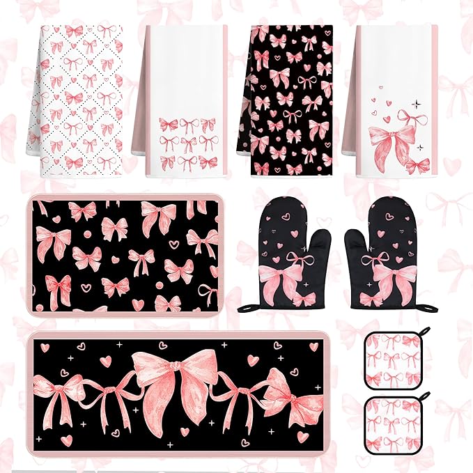 10 Pcs Cute Pink Bow Kitchen Decor and Accessories - Valentines Day Sets 4 Dish Towels 2 Pot Holders 2 Oven Mitts 2 Rugs for Kitchen Bathroom Home Cooking Housewarming Baking Daughter Mom Gift