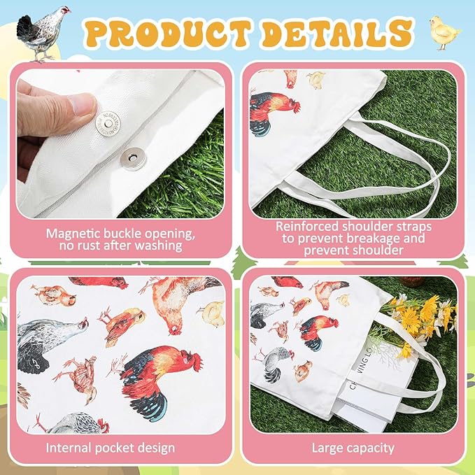 Paterr 4 Pcs Chicken Lover Gifts for Women, Funny Chicken Lady Gifts for Mother's Day Birthday Decorations, with Canvas Tote Bag 16oz Glass Coffee Cup with Straw Socks Cute Keychain