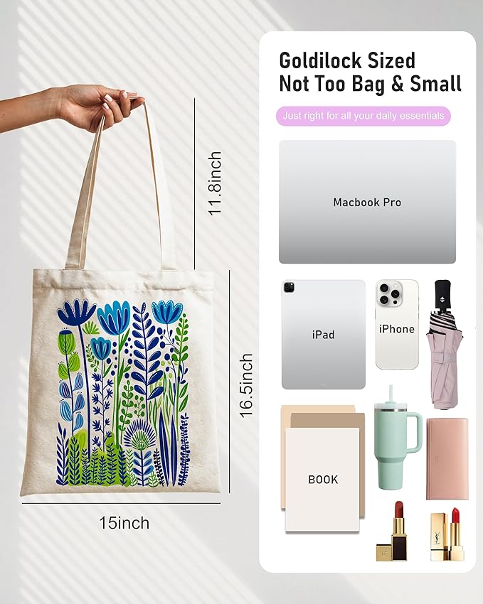 DYALE Canvas Tote Bag Double-Sided Prints with Snap Closure, Cute Tote Bag with Pocket for Shopping, Library, Work, Travel