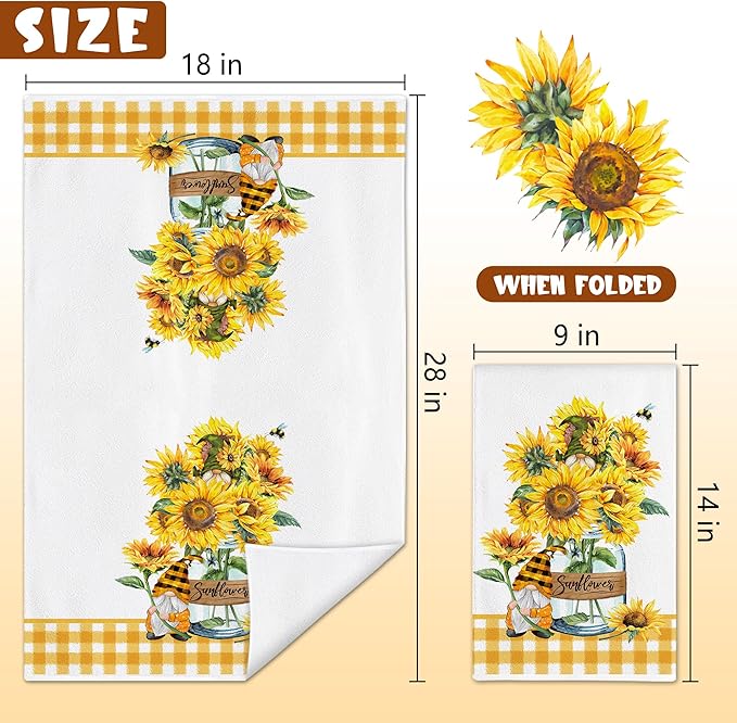 Hexagram Sunflower Kitchen Towels Set of 2, Sunflower Decor Gifts for Women, Funny Cute Housewarming Dish Hand Towels for Home Kitchen Decor