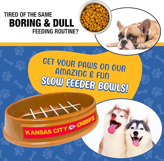 NFL Super-Bowl Kansas City Chiefs Slow Feeder Dog & Cat Bowl. Football Design for Healthy Digestion. Non-Slip for Large & Small Pets