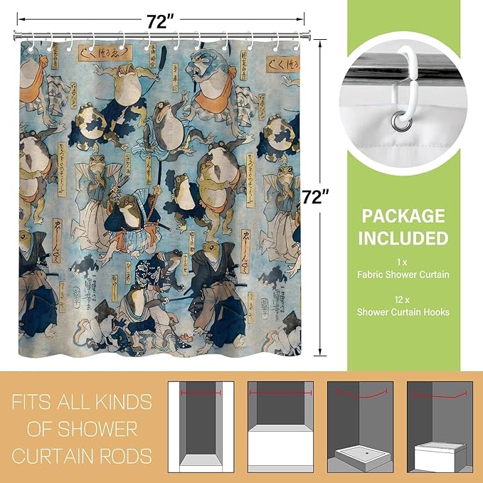 Vintage Blue Samurai Frog Shower Curtains,Folklore Japanese Shower Curtain for Bathroom,Funny Ninja Frog Japanese Art Bathroom Decor,72x72 Inch