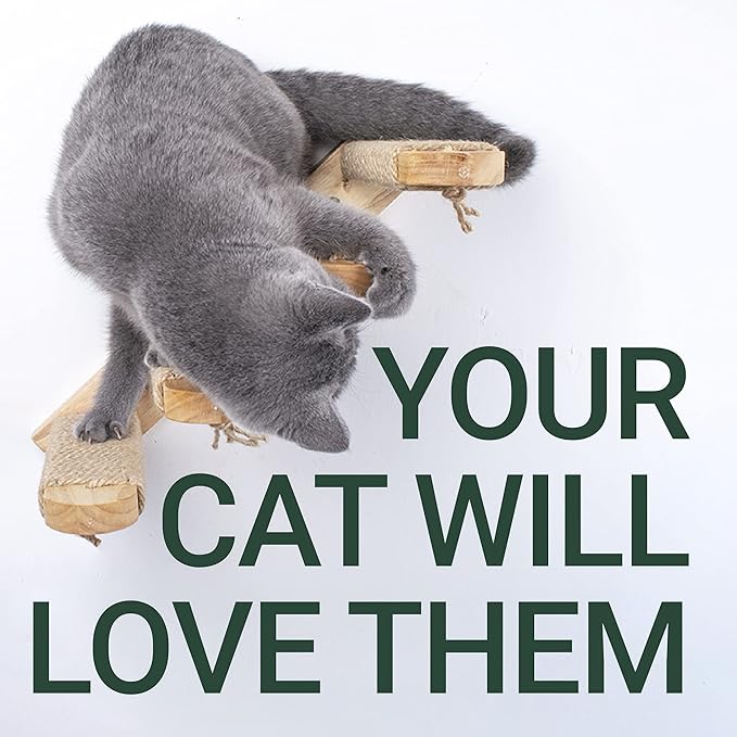 Skywin Cat Steps - Solid Rubber Wood Cat Wall Stairs Great for Scratching and Climbing - Easy to Install Wall Mounted Shelves for Playful Cats (Wood, Left-Right)