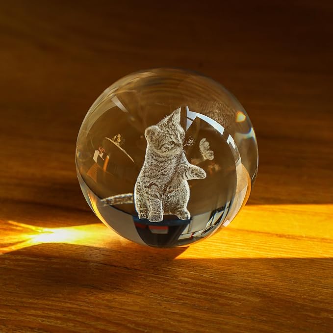 2.3in Crystal Ball for Cat Lovers 3D Glass Engraved Cat Decorative Night Light with Wooden Light Base for Birthday Wedding Housewarming