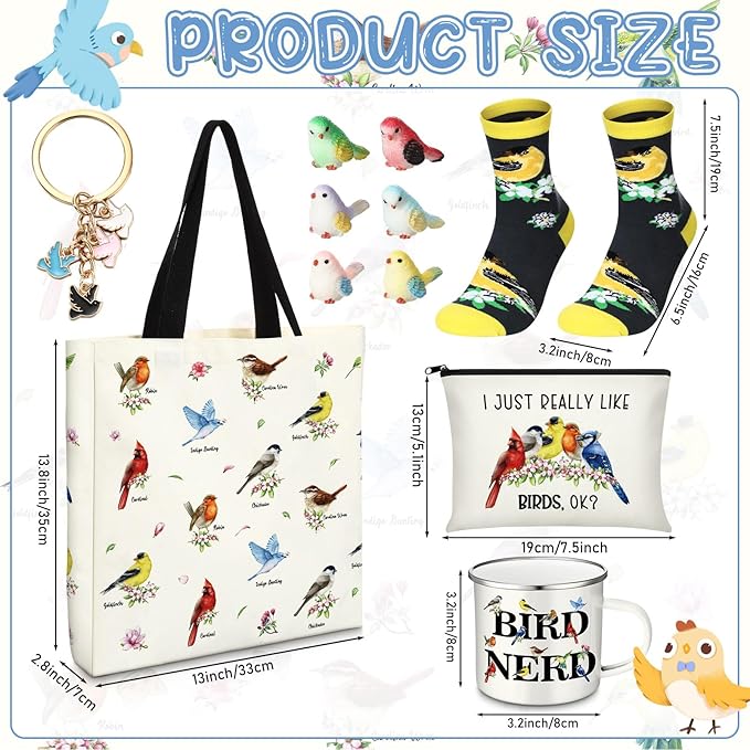 Bird Lover Gifts for Women Birthday Gifts Baskets Set Include Canvas Tote Bag, Makeup Bag, Socks, Keychain, Enamel Mug, Small Figurines for Mom, Wife, Sister, Friend
