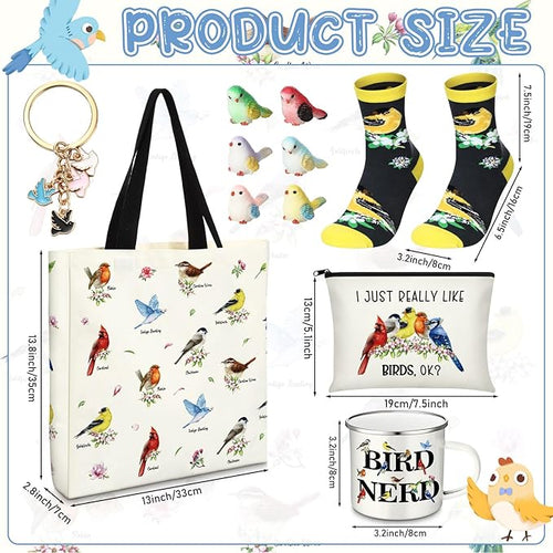 Bird Lover Gifts for Women Birthday Gifts Baskets Set Include Canvas Tote Bag, Makeup Bag, Socks, Keychain, Enamel Mug, Small Figurines for Mom, Wife, Sister, Friend