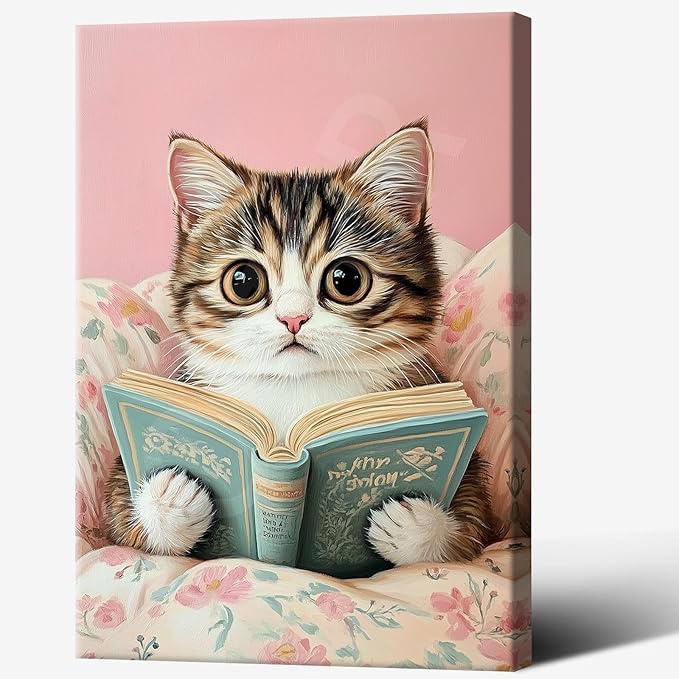 Funky Cute Cats Reading Books Canvas Wall Art Funny Pet Cat Animal Poster Trendy Pink Flower Wall Decor Cat Lovers Prints Painting For Home Bedroom Kids Room Dorm Wall Decor 24x36in Framed