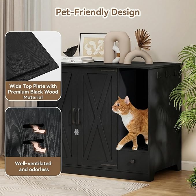 Large/Tall Cat Litter Box Enclosure Furniture, Hidden Self-Cleaning Litter Cabinet with Pull-Out Litter Drawer (Black)