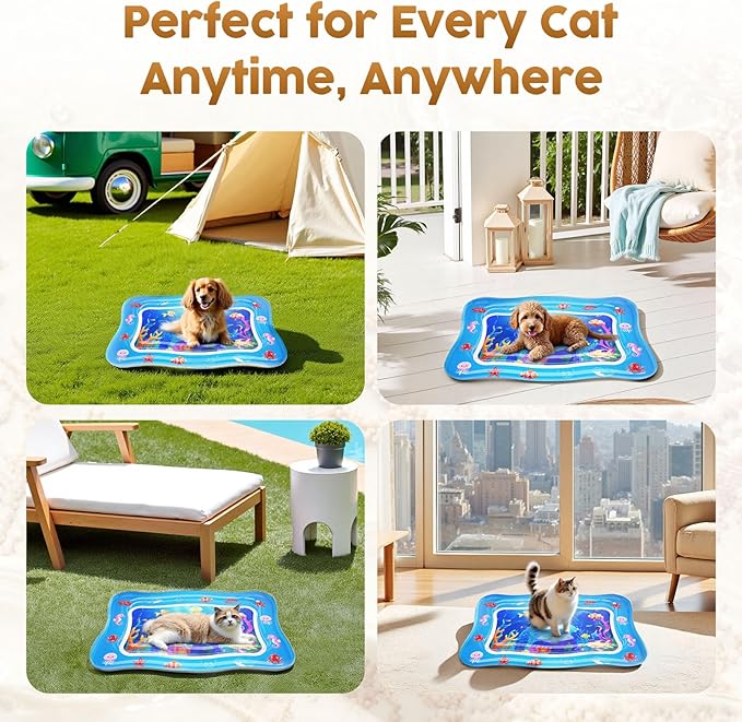 Cat Water Mat - Interactive Cat Toys Upgraded Thickened 0.7mm PVC Cooling & Heating Water Bed with Floating Fish, Anti-Scratch Leak Proof Foldable Water Sensor Play Mat for indoor/Outdoor Cats