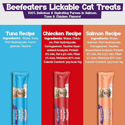 Beefeaters wet cat treats lickable 120 Count Puree Variety Pack - Salmon Tuna Chicken for Hydration & Training, Grain Free Taurine Enriched High Moisture, lickable cat treat squeeze up for Picky Eater