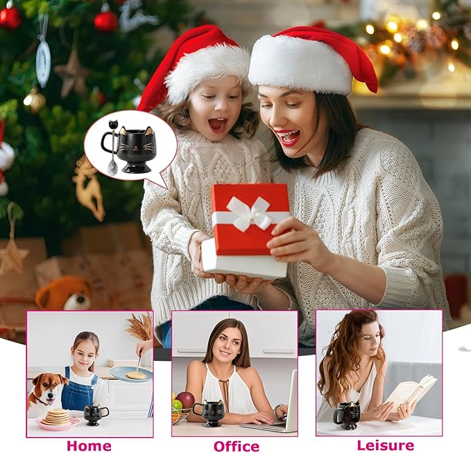 Christmas Mugs High-Footed Ceramic Cat Mug – 13.5oz Unique Coffee Cup with kitty Expression Design, Fun Gift for Women, Girls, Kids, Cat Lovers (black)