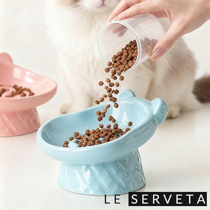 Winnie The Pooh Series Ceramic Slow Feeder Cat Bowl, Raised Anti-Gulping Design with Bear Ears, Pastel Colors, Quilted Pattern Base (Pink)