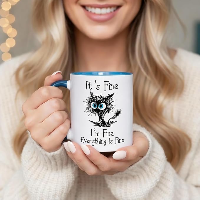 𝗙𝗨𝗡𝗡𝗬 𝗖𝗔𝗧 𝗖𝗢𝗙𝗙𝗘𝗘 𝗠𝗨𝗚 — “Everything Is Fine” Black Cat Mug, 11oz Sarcastic Funny Coffee Mug for Cat Lovers, Women, Coworkers – Microwave & Dishwasher Safe