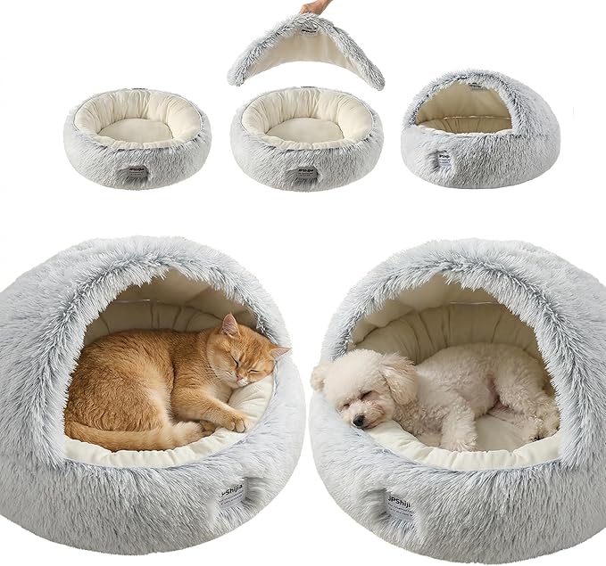 Hooded Dog Bed, Cat Cave Bed with Removable Hood, 2-in-1 Convertible Donut Cat Bed, All Season Fluffy Pet Bed for Cats Small Dogs (Cave Nest - Grey, Medium 19.7 Inches)