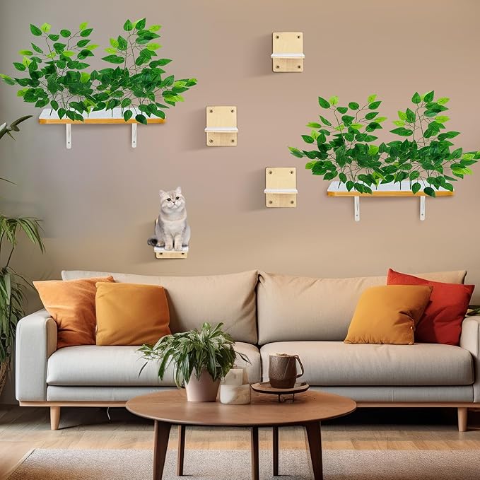 Gemscream 2 Pieces Cat Wall Shelves with 4 Steps Wall Mounted Cat Shelves and Perches Cat Furniture for Cats Kitten Kitty Indoor Living Room Climbing Scratching Playing and Relaxing Playground
