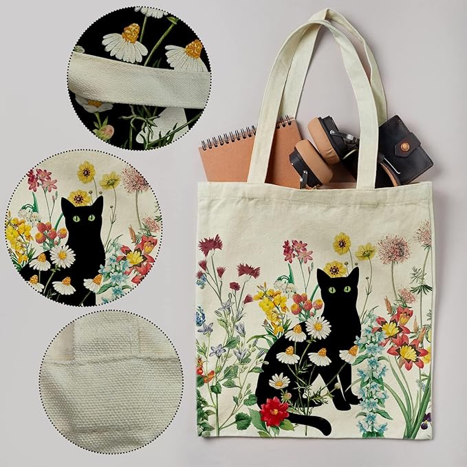 bmuvghi Black Cat Canvas Tote Bag with Zipper Pockets Vintage Flowers Cute Tote Bag Aesthetic Reusable Shopping Grocery Bags Birthday Gifts for Women
