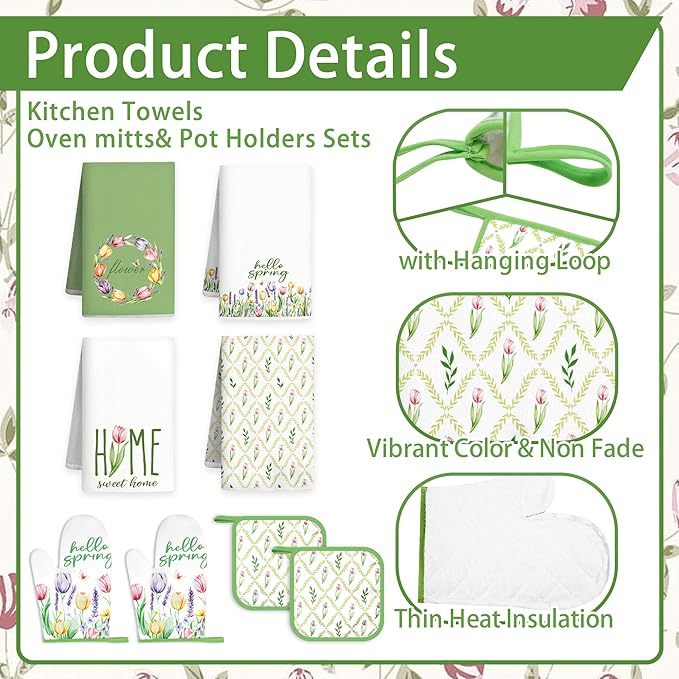 10 Pcs Tulip Floral Spring Style Kitchen Decor and Accessories Set 4 Kitchen Towels 2 Pot Holders 2 Oven Mitts 2 Rugs for Cooking Baking Mom Housewarming Gifts(Green and White)