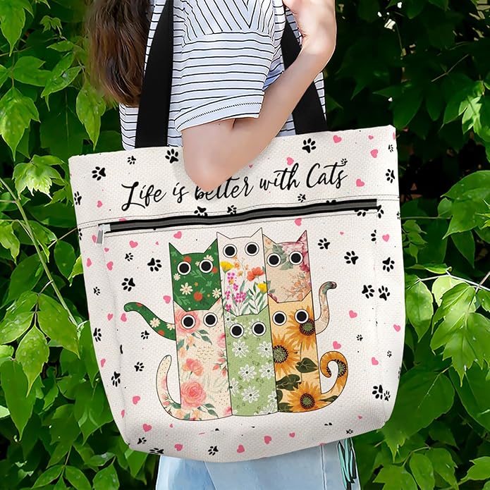 Waterproof Tote Bag with Pockets and Zipper for Work. Shoulder Bag for Women. Gift for Cat Lover Cat Owner.