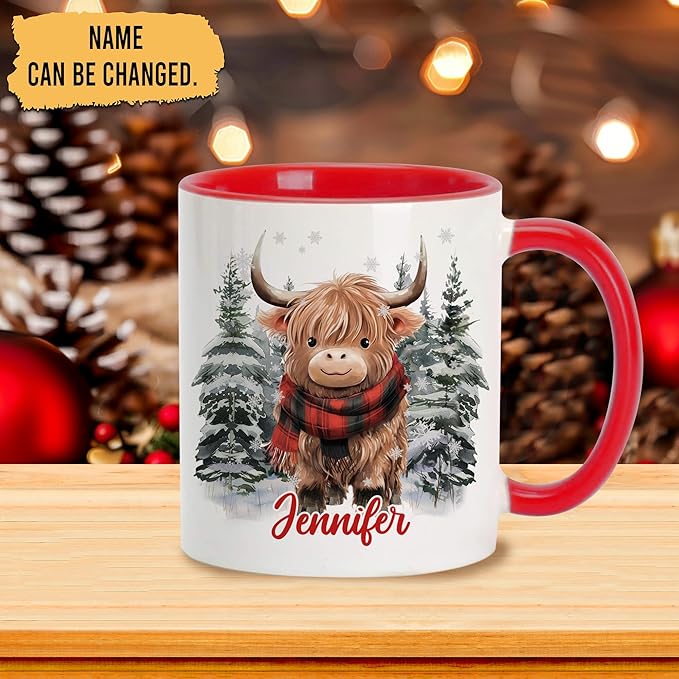 Hyturtle Personalized Winter Highland Cow Coffee Mug - Birthday Christmas Gifts For Cow Lovers - Cute Cows Gifts For Boys Girls Women - Highland Cows 11oz Two Tone Color Red/White Ceramic Tea Mug Cup