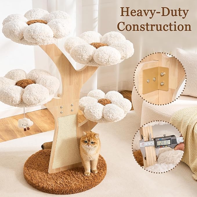 HITTITE Flower Cat Tree with Scratching Post, 48 Inches Cute Cat Tower with Wooden Branch Design, Aesthetic Modern Cat Climbing Tower with Flower Perches and Hanging Toy for Indoor Cats Large Adult.